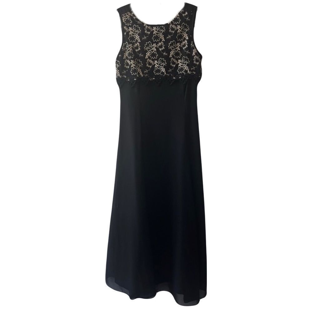 Vintage KiKi USA Black with Gold Lace Detail Gown Small